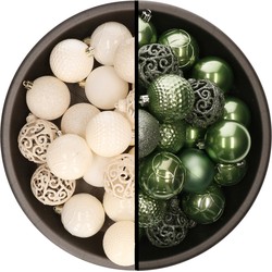 Kerstballen - 74x stuks - wol wit en salie groen - 6 cm - kunststof - Kerstbal