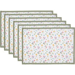 Clayre & Eef Placemats Set van 6 Wit Groen Katoen Bloemen