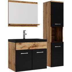 Badplaats Badkamermeubel Set Montreal 60 x 35 cm - Eiken met Zwart - Badmeubel met spiegel en zijkast met Zwarte Wastafel