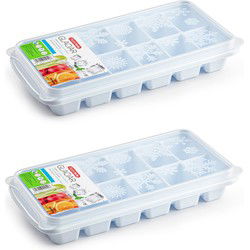 2x stuks Trays met ijsblokjes/ijsklontjes vormpjes 12 vakjes kunststof wit met deksel - IJsblokjesvormen