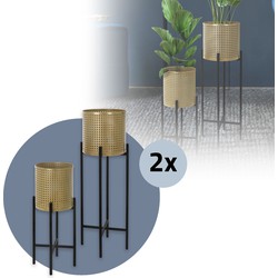 ML-Design bloemstandaard set van 4 zwart-goud 17x17x55/19x19x75,5 cm, gemaakt van staal, bloempotstandaard met plantenbak, metalen plantenstandaard, bloempothouder 4-delig, bloempotdecoratie