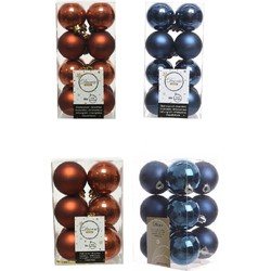 Kerstversiering kunststof kerstballen mix donkerblauw/terra bruin 4 en 6 cm pakket van 80x stuks - Kerstbal