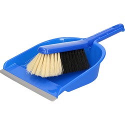 Sorex Stoffer en blik - kunststof - 36 x 23 cm - blauw - met rubber rand - Stoffer en blik