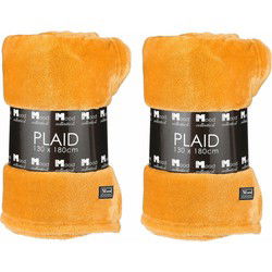 Fleece deken - 2x - honing geel - 130 x 180 cm - polyester - fleeceplaid - Plaids