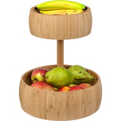 5Five Fruitschaal/fruitmand Bali XL - bamboe hout - D29 x H35 cm - bruin - rond - 2 niveaus opslag - Fruitschalen