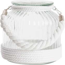 Kaarshouder/windlicht glas 18 cm met wit touw - Windlichten
