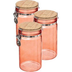 3x stuks voorraadbussen/voorraadpotten 1L glas koraal oranje met bamboe deksel en beugelsluiting - Voorraadpot