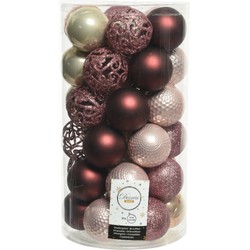 37x stuks kunststof kerstballen roze/donkerrood/champagne mix 6 cm - Kerstbal