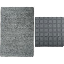 MSV Douche anti-slip mat en droogloop mat - Napoli badkamer set - rubber/polyester - donkergrijs - Badmatjes