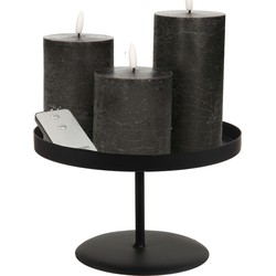 LED kaarsen - 3x st - zwart - met zwart rond dienblad 22 cm - LED kaarsen