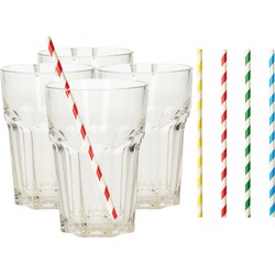 Set van 4x longdrink glazen en 100x duurzame papieren rietjes - 360 ml - Drinkglazen