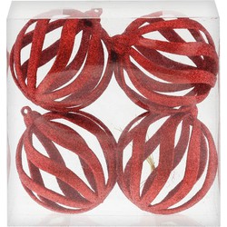 4x Draad kerstballen rood met glitter 8 cm van kunststof/plastic - Kerstbal