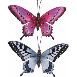 Vlinders - 2x - metaal - grijsblauw/roze - 35 x 24 cm - muurdeco - Tuinbeelden