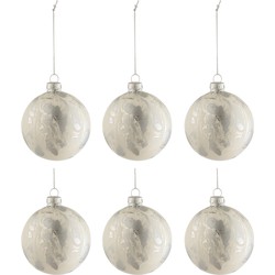 J-line - Doos Van 6 Kerstballen Marmerlook Glas Wit/zilver Small - 8x8x8cm