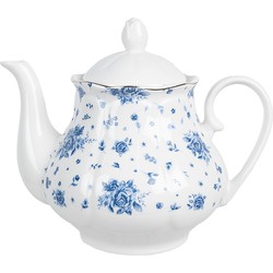 Clayre & Eef Theepot  1000 ml Wit Blauw Porselein Roosjes