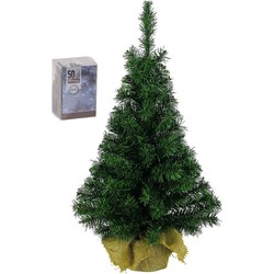 Volle kunst kerstboom 75 cm in jute zak inclusief 50 helder witte lampjes - Kunstkerstboom
