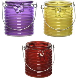 Citronella windlicht met kaars - 3x - paars/geel en rood - 20 branduren - citrusgeur - geurkaarsen