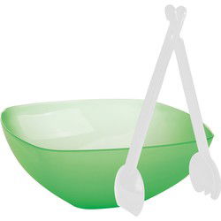 Serveerschaal/slakom - groen - kunststof - 30 cm - met sla bestek/couvert - Serveerschalen