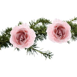 2x stuks kerstboom bloemen/rozen op clip poeder roze 14 cm - Kersthangers