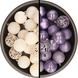 Kerstballen - 74x stuks - wol wit en lila paars - 6 cm - kunststof - Kerstbal