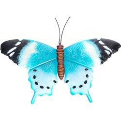 Blauw/zwarte metalen tuindecoratie vlinder 48 cm - Tuinbeelden