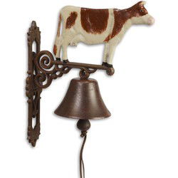 A PAIR OF CAST IRON RED SPOTTED COW BELLS