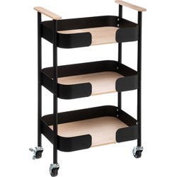 5Five Keukentrolley/kast - zwart - metaal/hout - 75 x 46 x 29 cm - 3 niveaus - Blackwood - Opberg trolley
