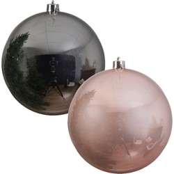 2x stuks grote kerstballen van 20 cm glans van kunststof roze en zilver - Kerstbal