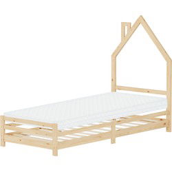 Kinderbed huis 90x200 cm naturel met matras H:10cm houten kinderbed met lattenbodem schoorsteen design ML-Design