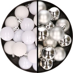36x stuks kunststof kerstballen wit en zilver 3 en 4 cm - Kerstbal