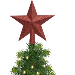 1x Glitter piek in stervorm kerst rood 19 cm kunststof/plastic - kerstboompieken