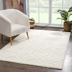 Solace Hoogpolig Crème vloerkleed - Geruit - 120 X 120 CM ROND