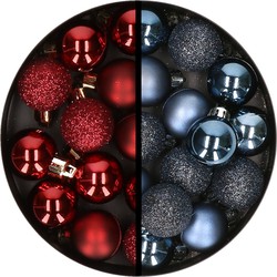 34x stuks kunststof kerstballen donkerrood en donkerblauw 3 cm - Kerstbal