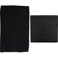 MSV Douche anti-slip mat en droogloop mat - Napoli badkamer set - rubber/polyester - zwart - Badmatjes