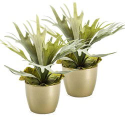Kunstplant Staghorn varen - 2x - groen - in gouden pot - 38 cm - Kunstplanten