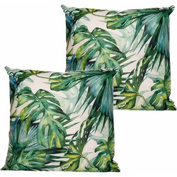 Anna's collection buitenkussen monstera - 2x - wit/groen - 60 x 60 cm - Sierkussens