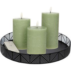 LED kaarsen - 3x st - jade groen - met zwart rond dienblad 29,5 cm - LED kaarsen