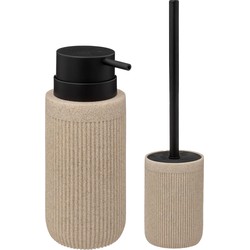 Toiletborstel in houder Onyx - beige - polystone - 40 x 9 cm - met zeeppompje - Toiletborstels
