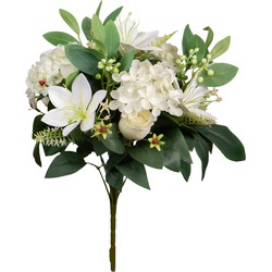 Louis Maes Kunstbloemen boeket roos/hortensia/lelie - creme/wit - H39 cm - Bloemstuk - Bladgroen - Kunstbloemen