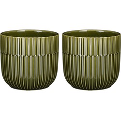 2x Stuks Plantenpot/bloempot keramiek glans donkergroen stripes patroon - D12.5/H11 cm - Plantenpotten