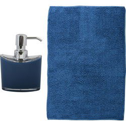 MSV badkamer droogloop mat/tapijt - Bologna - 45 x 70 cm - bijpassende kleur zeeppompje - donkerblauw - Badmatjes
