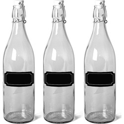 6x Glazen flesjes met beugeldop 1 liter en 6x schoolbord stickers - Decoratieve flessen