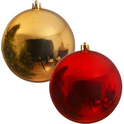 2x stuks grote kerstballen van 20 cm glans van kunststof goud en rood - Kerstbal