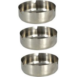 Asbak rond - 3x - RVS metaal - zilvergrijs - 9 x 3 cm - buiten/binnen - Asbakken