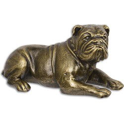 Gietijzeren sculptuur van een liggende engelse bulldog