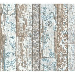 A.S. Création behang verweerde houten planken lichtblauw en beige - 53 cm x 10,05 m - AS-361191