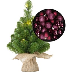 Mini kerstboom/kunstboom met verlichting 45 cm en inclusief kerstballen aubergine paars - Kunstkerstboom