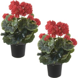 Set van 2x stuks rode geranium Pelargonium Graveolens kunstplanten in zwarte kunststof pot 35 cm - Kunstplanten