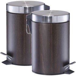 Zeller kleine pedaalemmer - 2x - badkamer/toilet - 3 liter - houtprint - Pedaalemmers