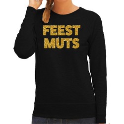 Bellatio Decorations foute kersttrui/sweater dames - feest muts - zwart - glitter goud -feestkleding XS - kerst truien